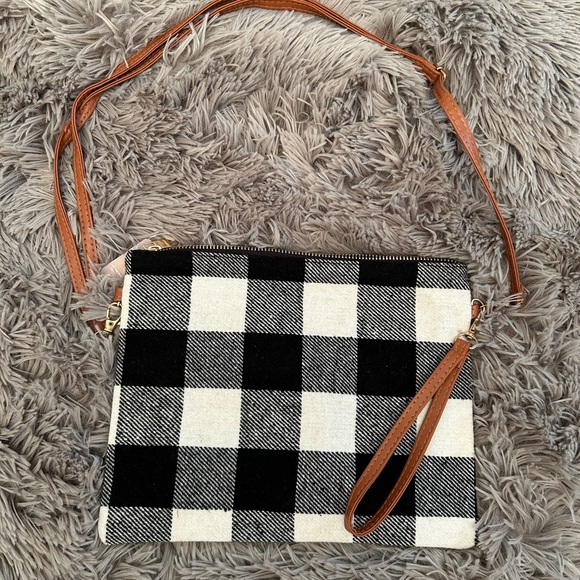 Buffalo Plaid Crossbody Bag – Black & White Checkered Purse with Leather Strap - Picture 3 of 4